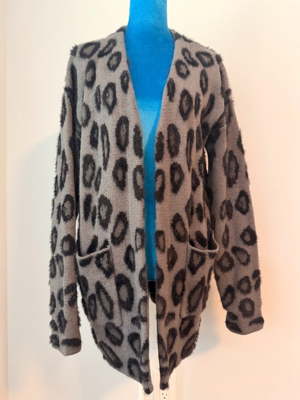 Leopard Print Open Front Cardigan Sweater Soft Fuzzy Grey Black